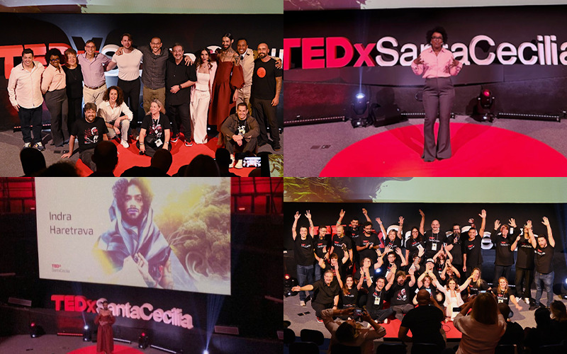 Quatro fotografias ilustrativas mostrando momentos do TEDx Santa Cecília - Histórias nos palcos: como o TED e o TEDx levam o Storytelling para o público