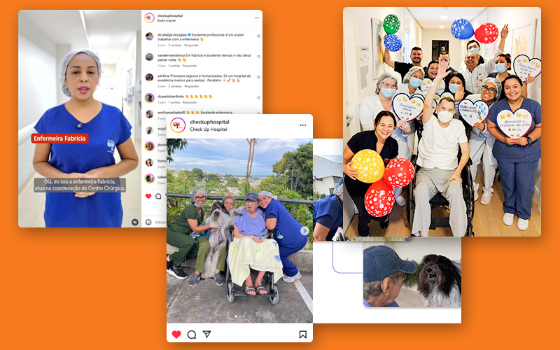 Fotografia ilustrativa com prints de publicações do instagram do Check Up Hospital colorido com storytelling - Colorindo histórias: o poder do storytelling na comunicação hospitalar do Check Up