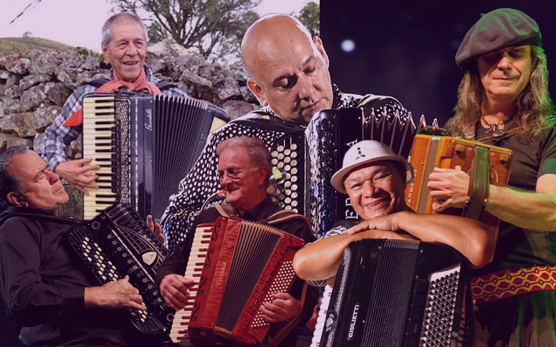 Mosaico ilustrativo de grandes nomes do acordeon que usam os microfones da Harmonik
