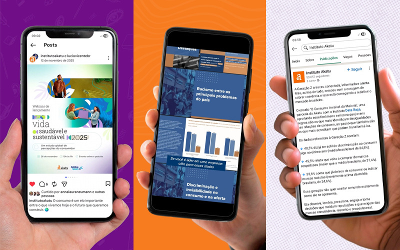 Ilustração de celulares mostrando como a âme storytelling transformou dados em narrativa para o instituto akatu