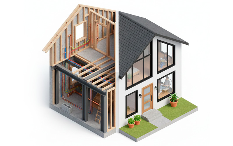 ilustração de uma casa mostrando a fundação dela como ESG e a casa como storytelling. ESG e Storytelling