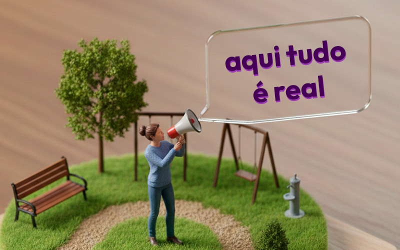 ilustração de um megafone, saindo dele a frase “aqui tudo é real” ESG e Storytelling