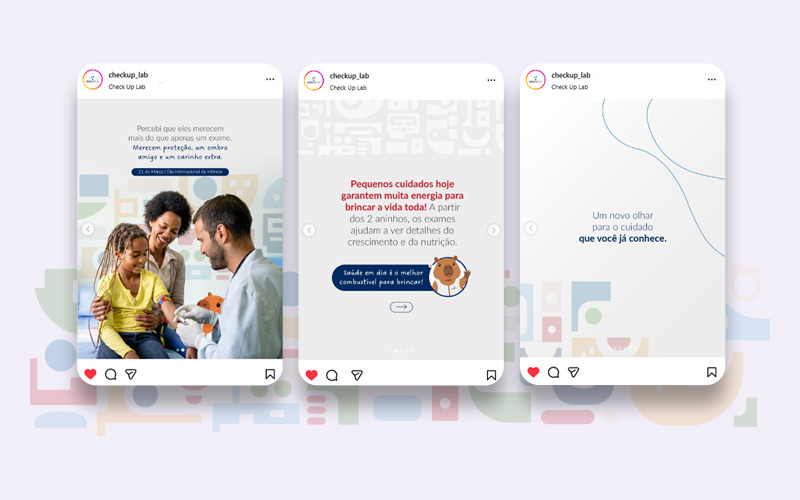 Prints de três publicações do Instagram do Check Up Lab, mostrando como iniciamos a comunicação utilizando storytelling para marcas.